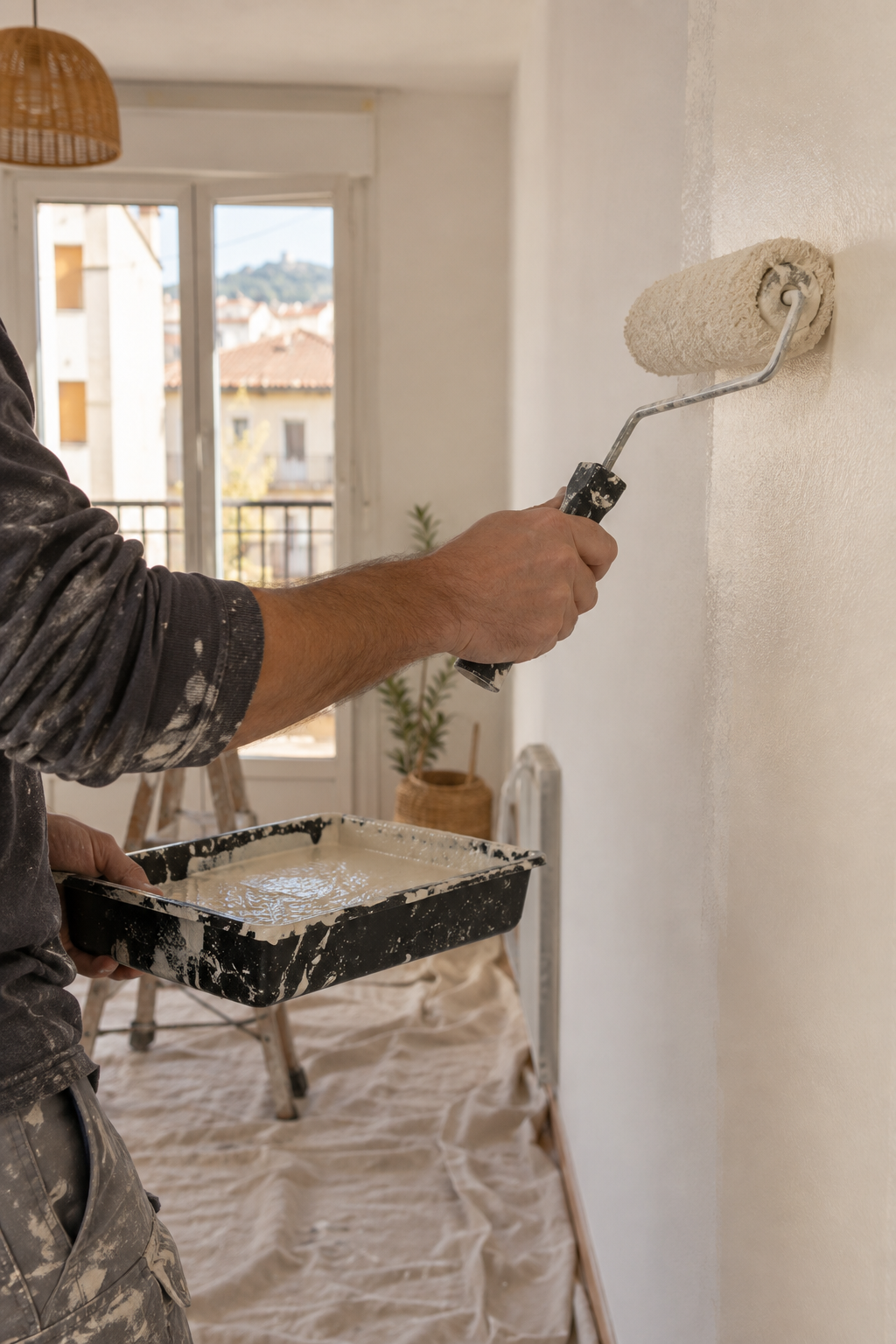 Aplicació de pintura en una paret interior, imatge de referència